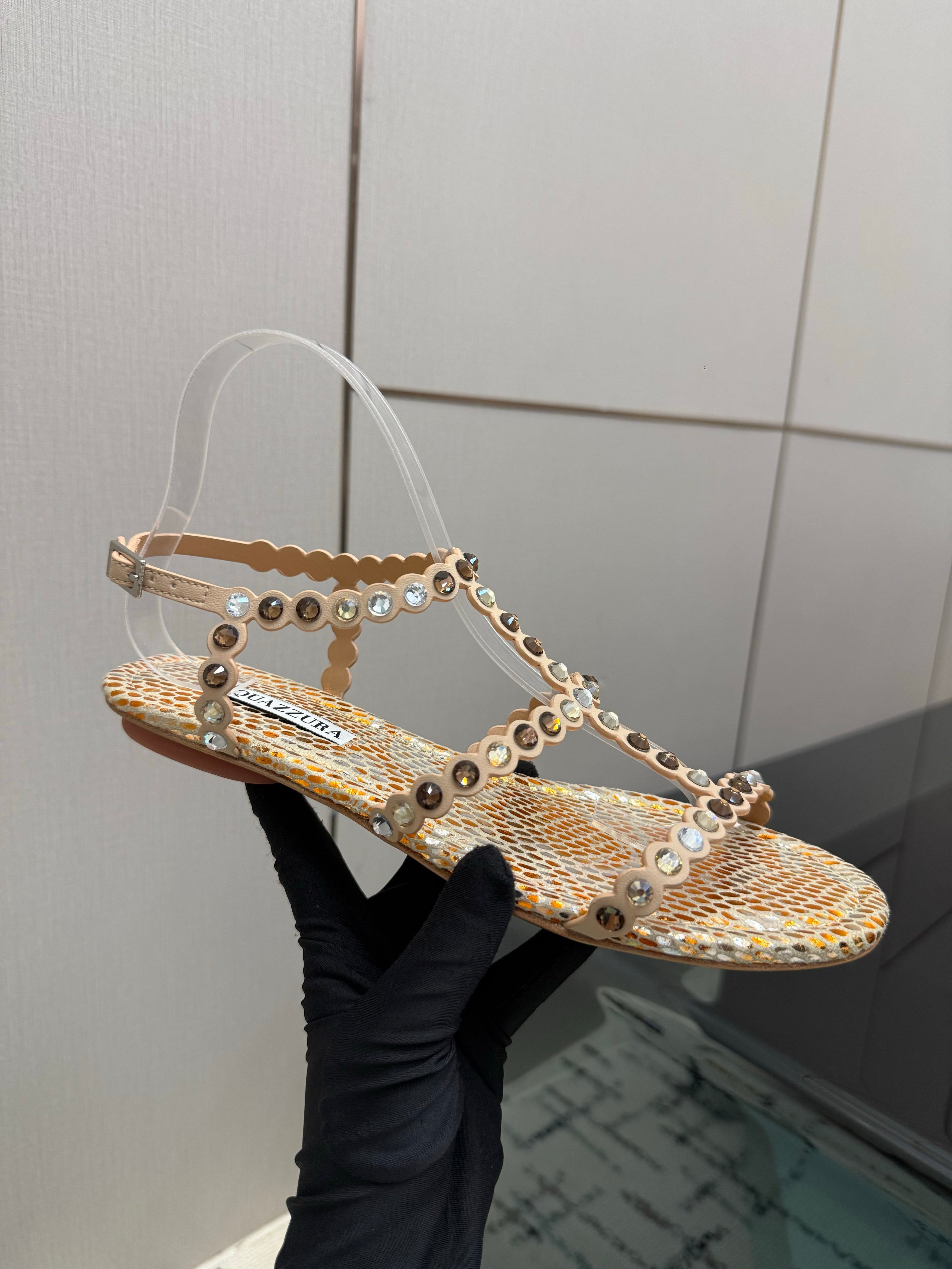 AQUAZZURA 26S FLAT SANDALS IN METALLIC BRONZE SNAKESKIN CRYSTAL-EMBELLISHED