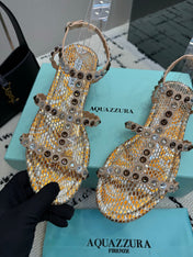 AQUAZZURA 26S FLAT SANDALS IN METALLIC BRONZE SNAKESKIN CRYSTAL-EMBELLISHED