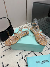 AQUAZZURA 26S FLAT SANDALS IN METALLIC BRONZE SNAKESKIN CRYSTAL-EMBELLISHED