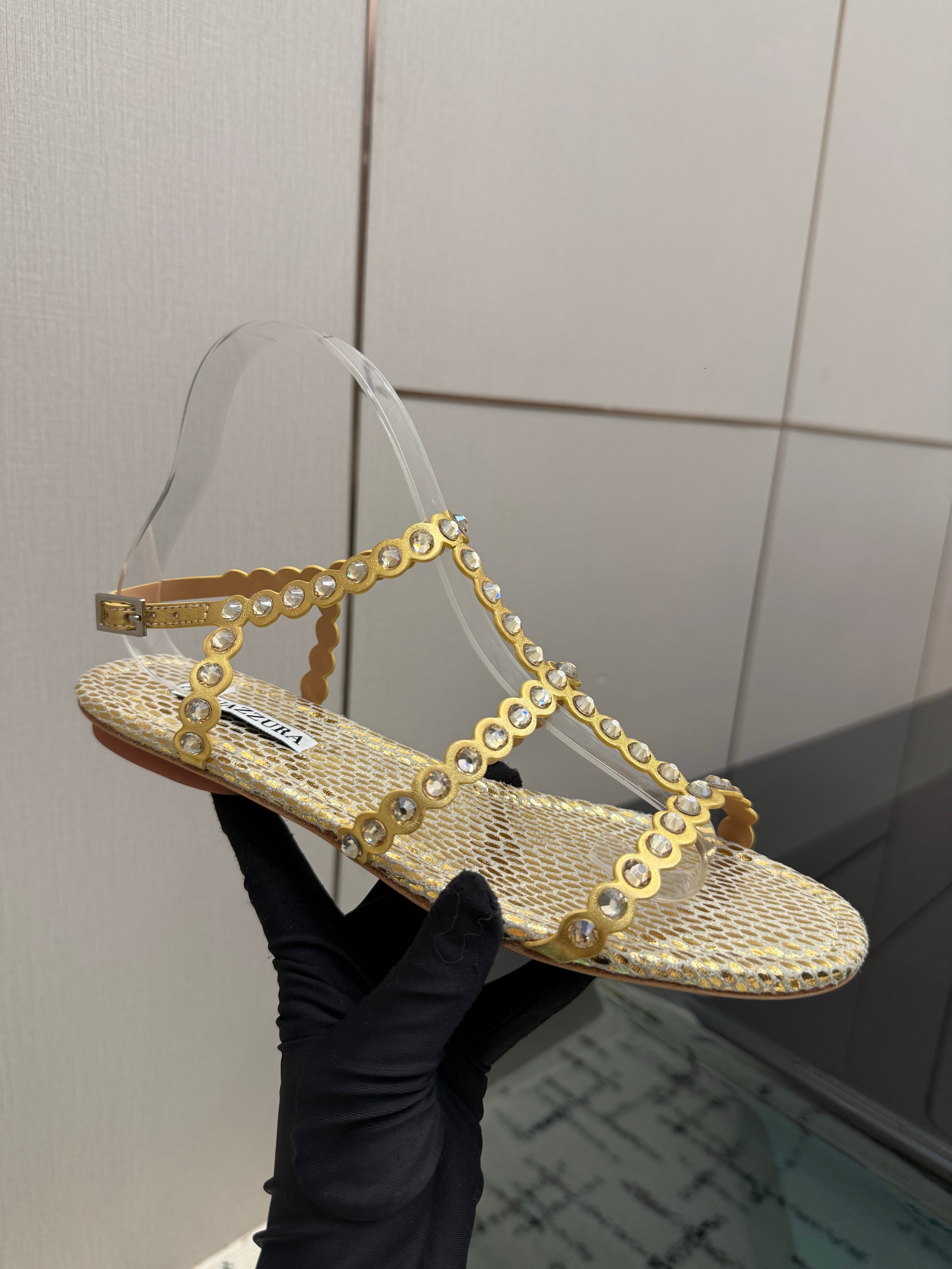 AQUAZZURA 26S FLAT SANDALS IN GOLD SNAKESKIN CRYSTAL-EMBELLISHED