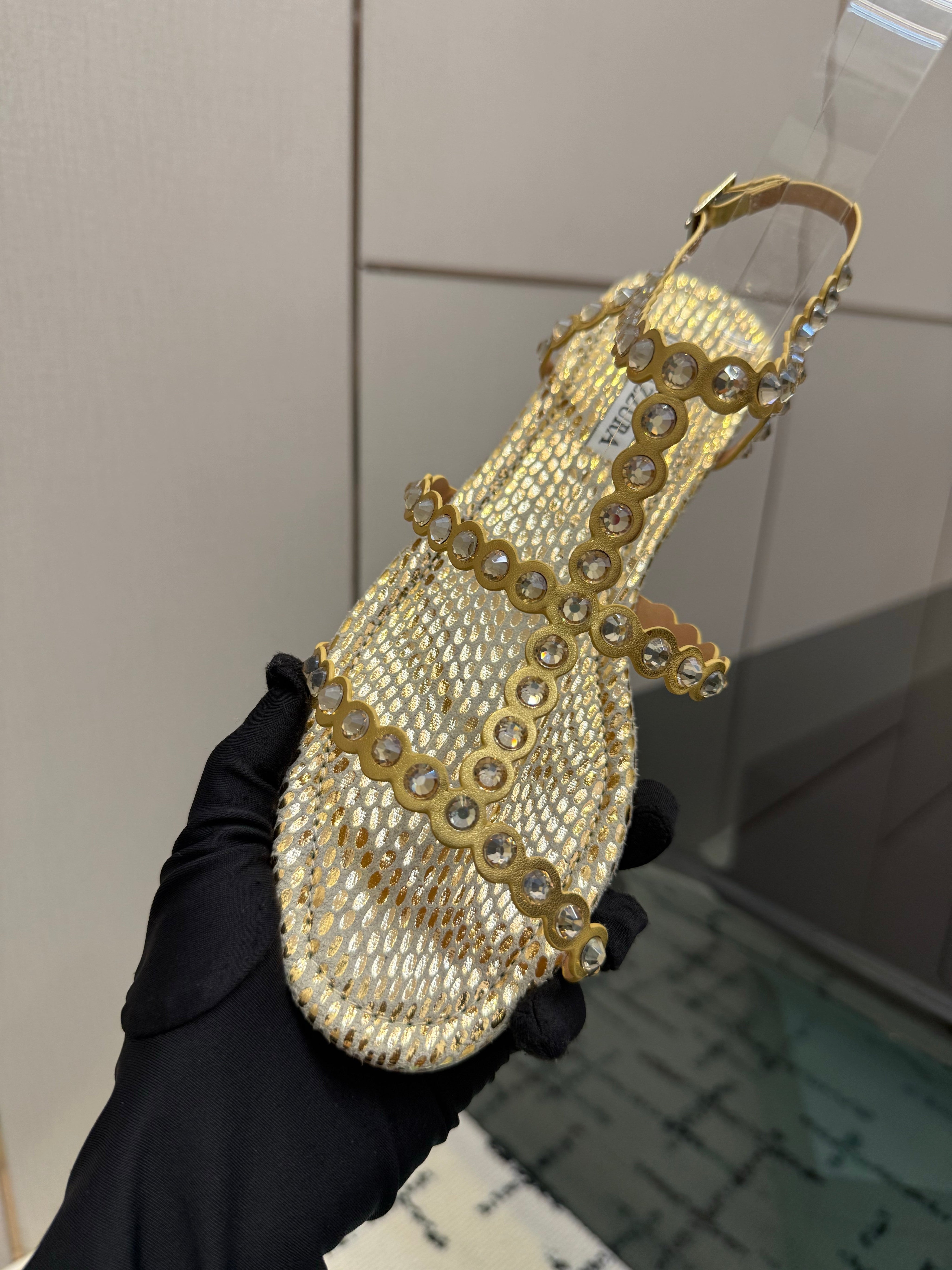 AQUAZZURA 26S FLAT SANDALS IN GOLD SNAKESKIN CRYSTAL-EMBELLISHED