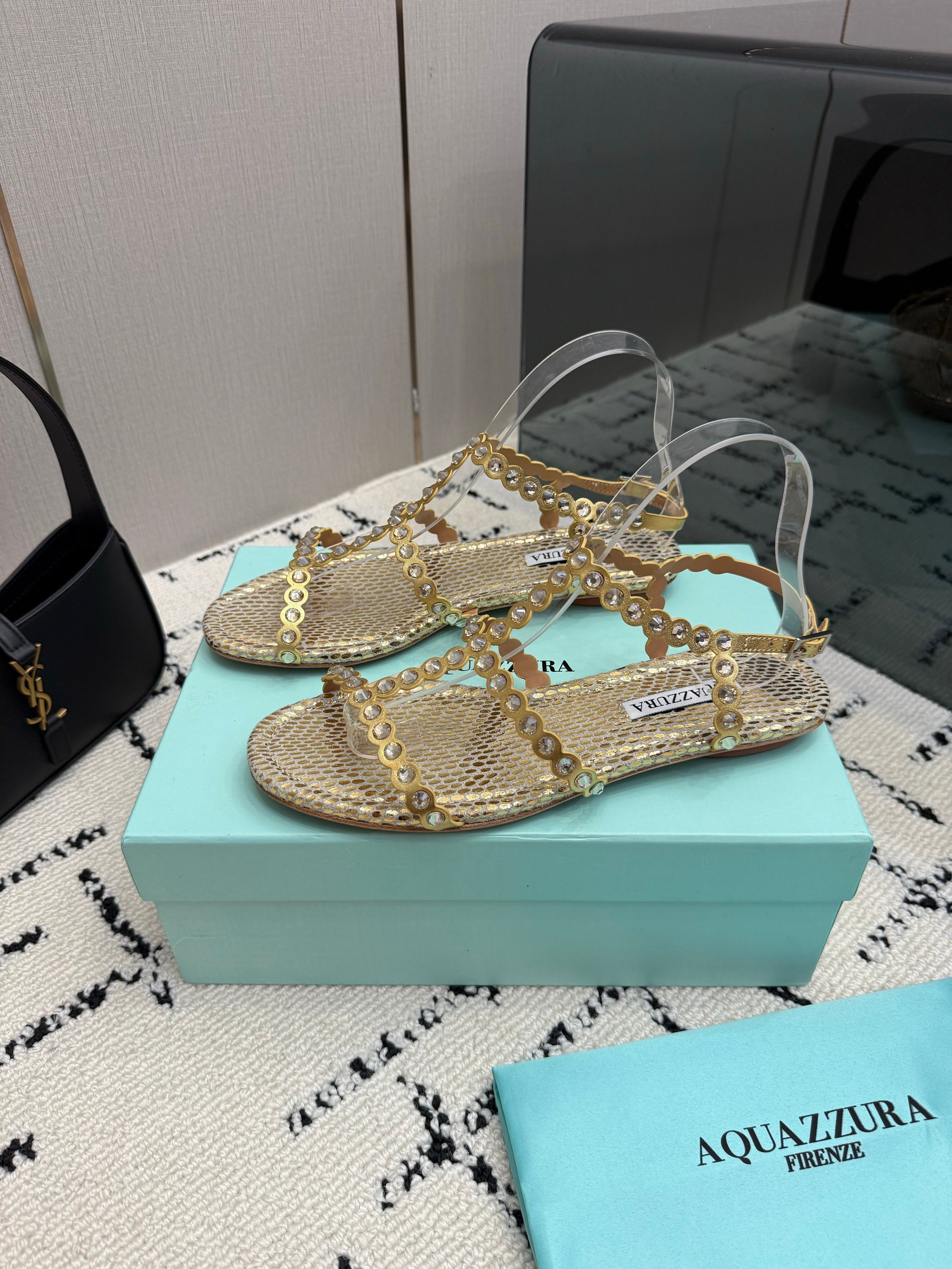 AQUAZZURA 26S FLAT SANDALS IN GOLD SNAKESKIN CRYSTAL-EMBELLISHED