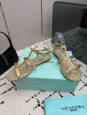 AQUAZZURA 26S FLAT SANDALS IN GOLD SNAKESKIN CRYSTAL-EMBELLISHED
