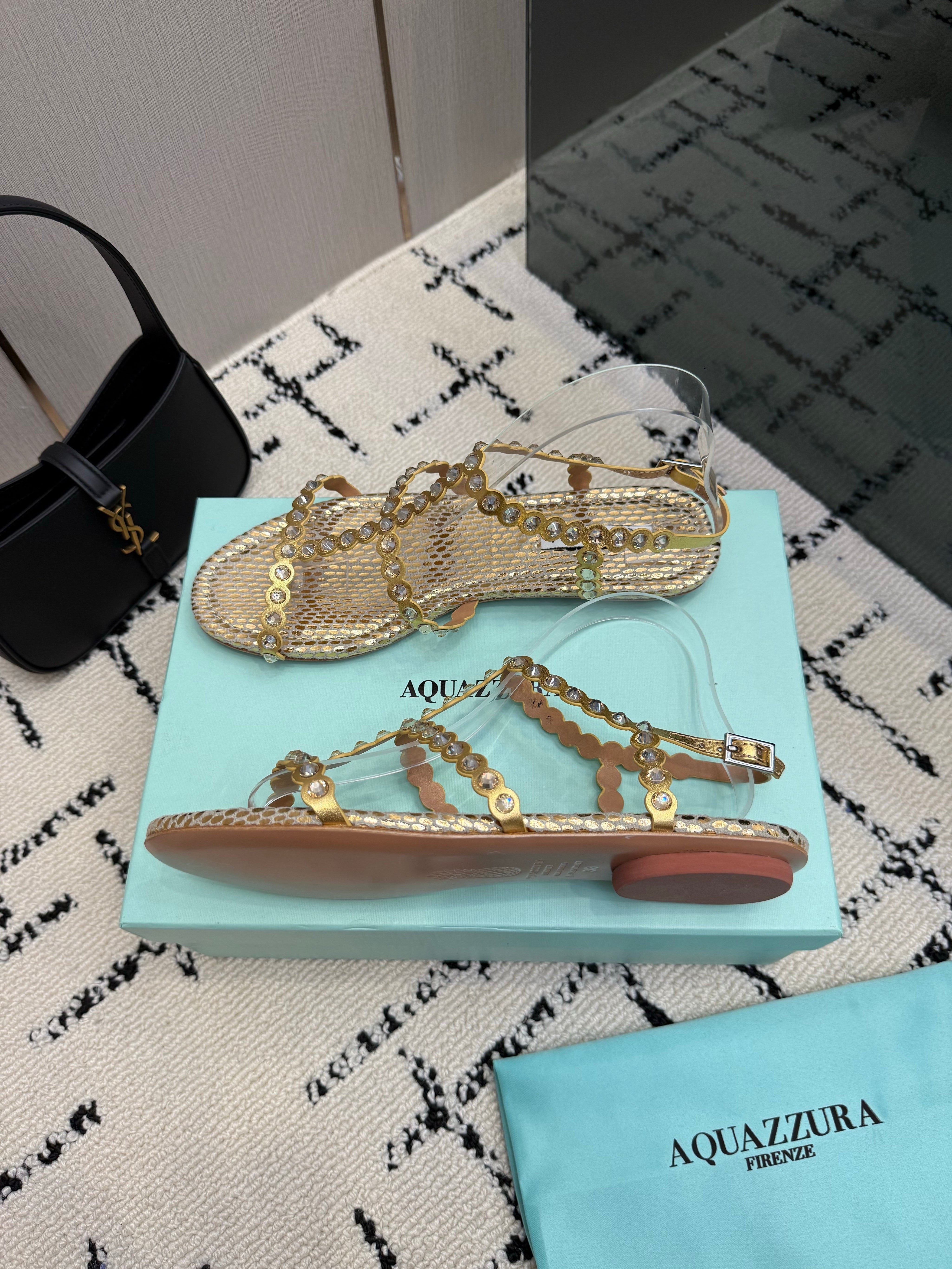AQUAZZURA 26S FLAT SANDALS IN GOLD SNAKESKIN CRYSTAL-EMBELLISHED