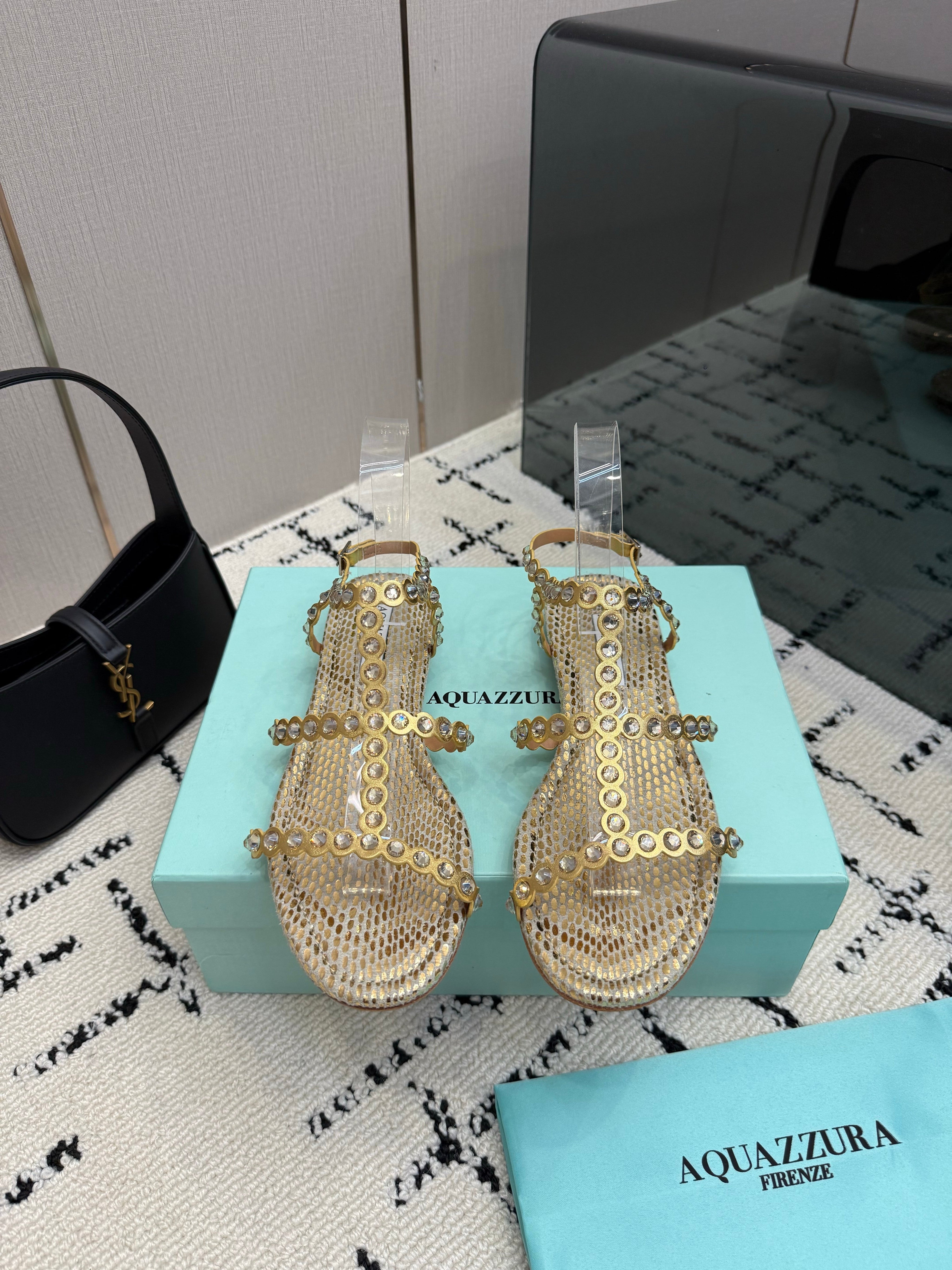 AQUAZZURA 26S FLAT SANDALS IN GOLD SNAKESKIN CRYSTAL-EMBELLISHED