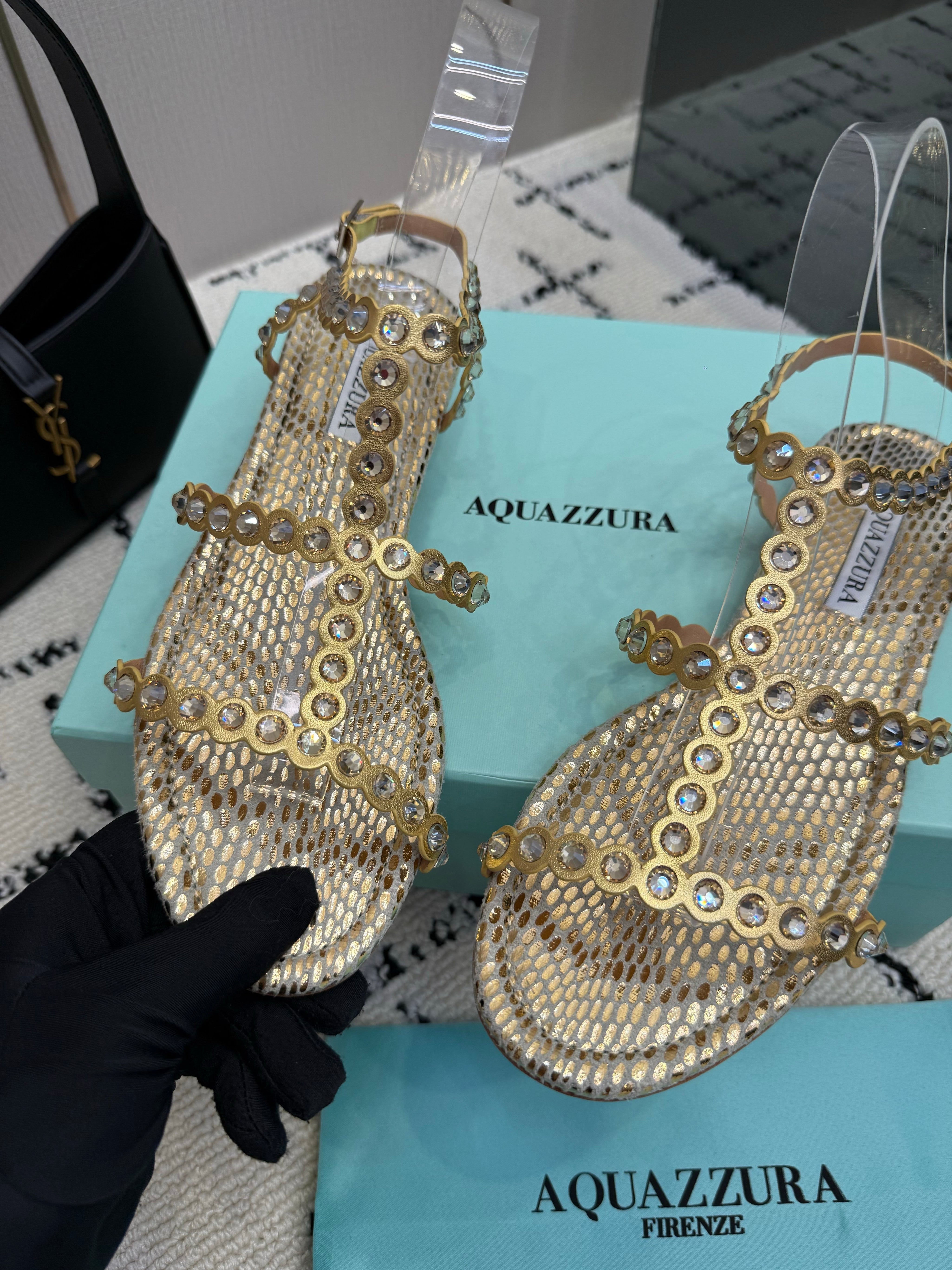 AQUAZZURA 26S FLAT SANDALS IN GOLD SNAKESKIN CRYSTAL-EMBELLISHED