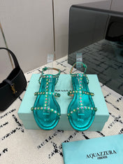 AQUAZZURA 26S FLAT SANDALS IN EMERALD GREEN SNAKESKIN CRYSTAL-EMBELLISHED