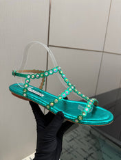 AQUAZZURA 26S FLAT SANDALS IN EMERALD GREEN SNAKESKIN CRYSTAL-EMBELLISHED