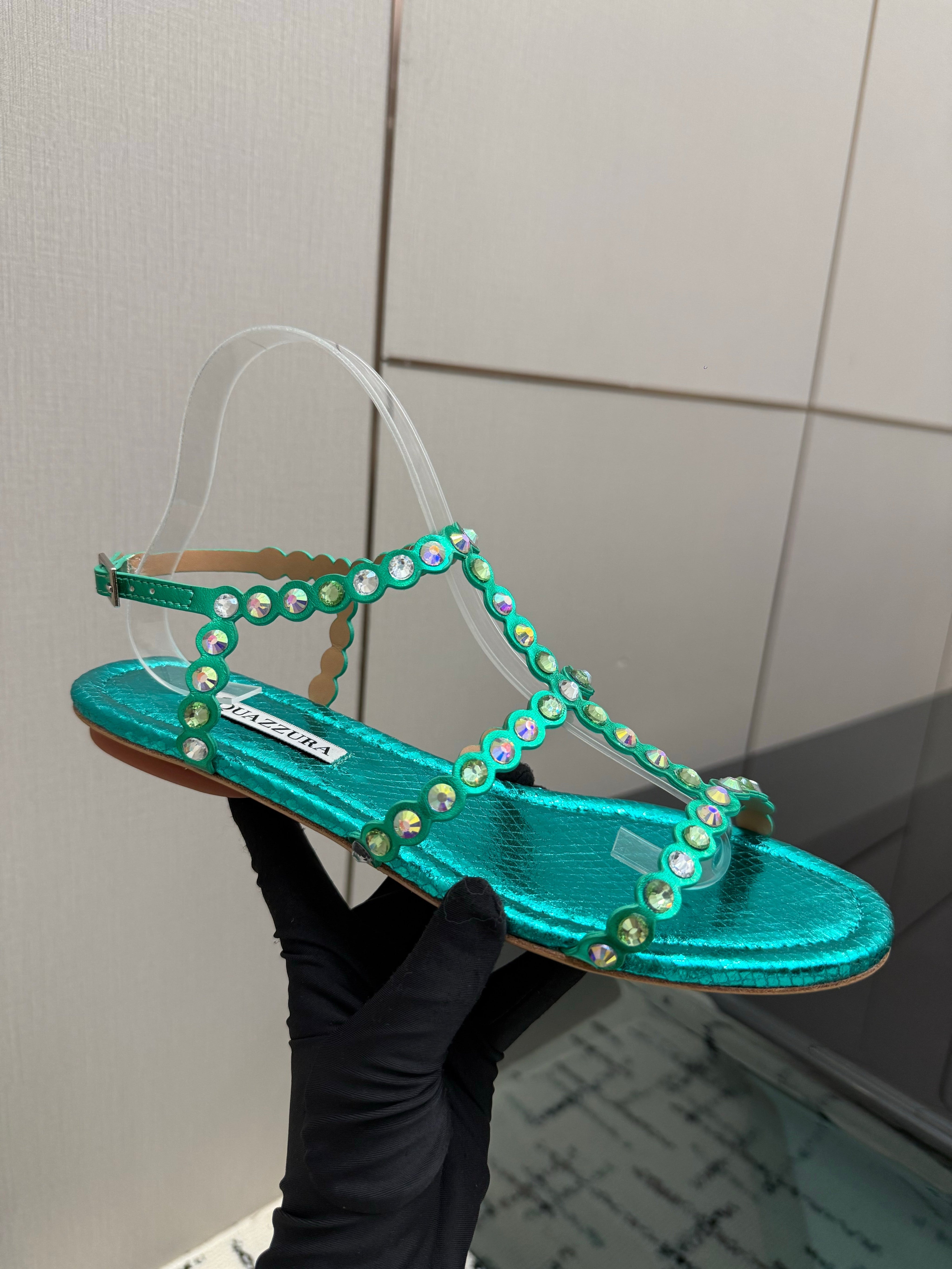 AQUAZZURA 26S FLAT SANDALS IN EMERALD GREEN SNAKESKIN CRYSTAL-EMBELLISHED