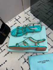 AQUAZZURA 26S FLAT SANDALS IN EMERALD GREEN SNAKESKIN CRYSTAL-EMBELLISHED