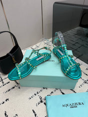 AQUAZZURA 26S FLAT SANDALS IN EMERALD GREEN SNAKESKIN CRYSTAL-EMBELLISHED