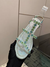 AQUAZZURA 26S FLAT SANDALS IN METALLIC MINT SNAKESKIN CRYSTAL-EMBELLISHED