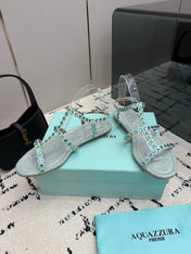 AQUAZZURA 26S FLAT SANDALS IN METALLIC MINT SNAKESKIN CRYSTAL-EMBELLISHED