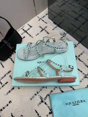 AQUAZZURA 26S FLAT SANDALS IN METALLIC MINT SNAKESKIN CRYSTAL-EMBELLISHED