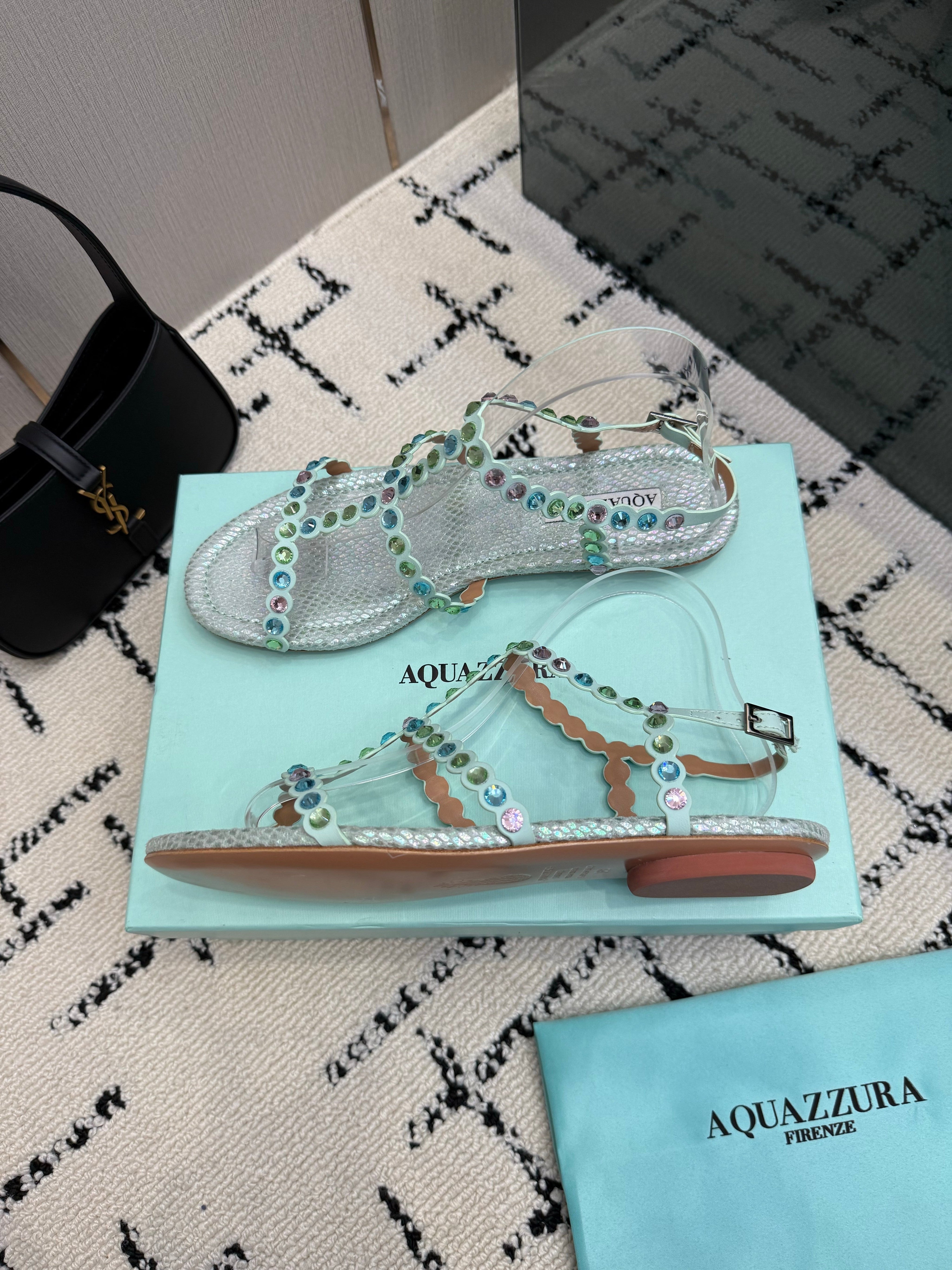AQUAZZURA 26S FLAT SANDALS IN METALLIC MINT SNAKESKIN CRYSTAL-EMBELLISHED