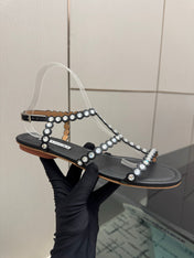 AQUAZZURA 26S FLAT SANDALS IN BLACK LAMBSKIN CRYSTAL-EMBELLISHED