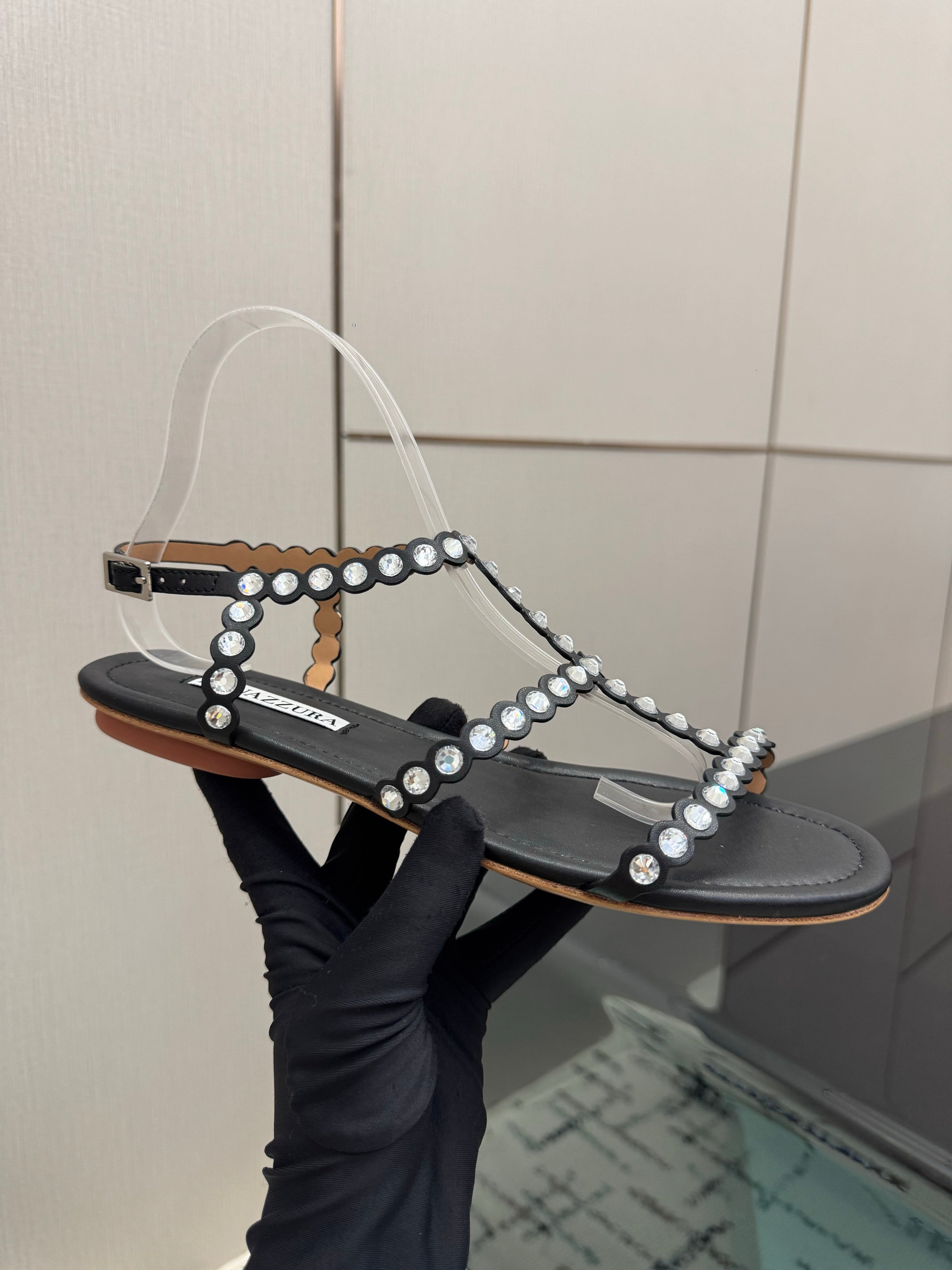AQUAZZURA 26S FLAT SANDALS IN BLACK LAMBSKIN CRYSTAL-EMBELLISHED