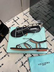 AQUAZZURA 26S FLAT SANDALS IN BLACK LAMBSKIN CRYSTAL-EMBELLISHED