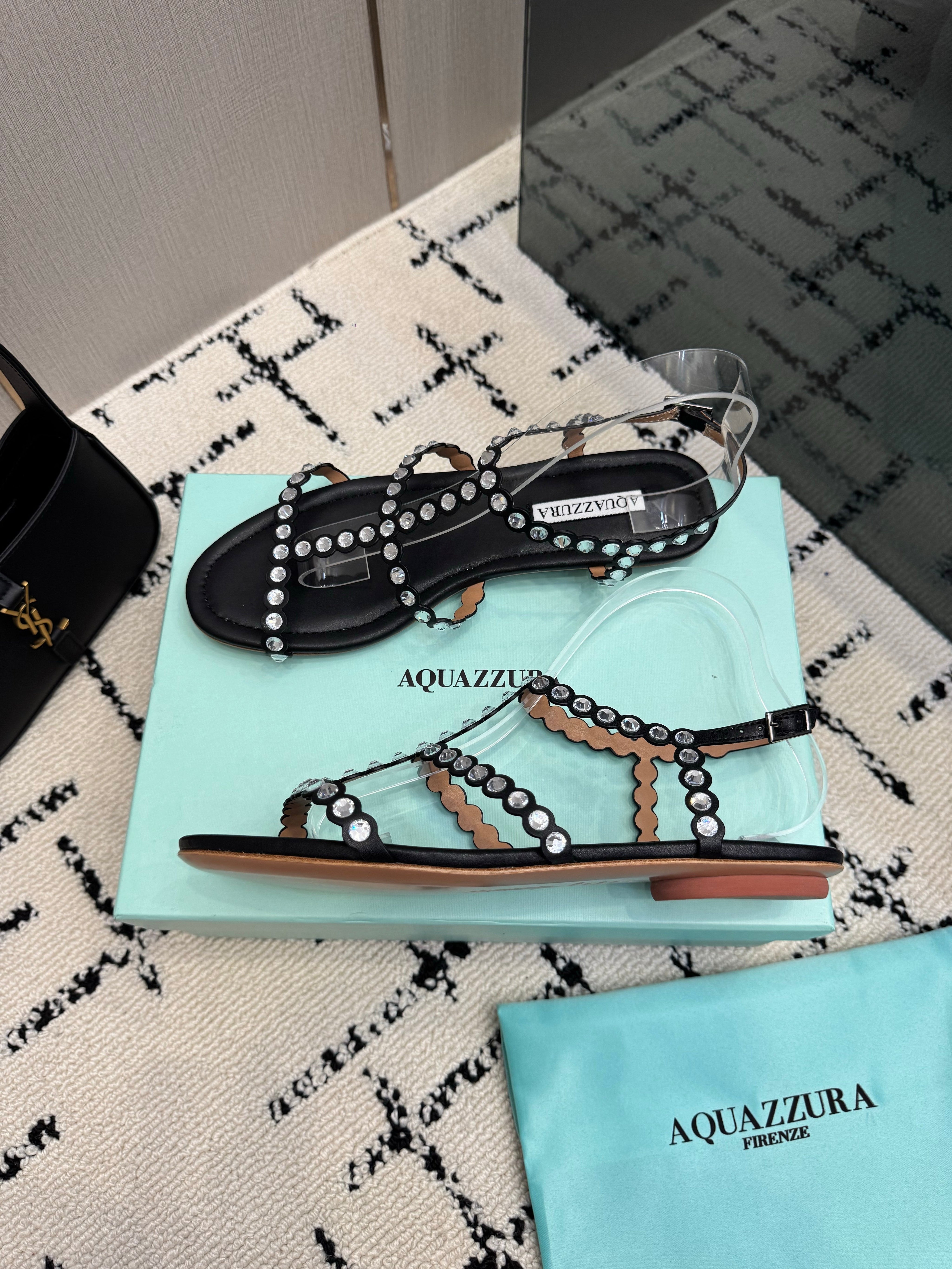 AQUAZZURA 26S FLAT SANDALS IN BLACK LAMBSKIN CRYSTAL-EMBELLISHED