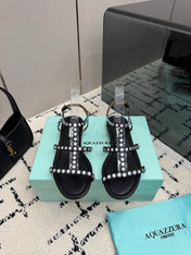 AQUAZZURA 26S FLAT SANDALS IN BLACK LAMBSKIN CRYSTAL-EMBELLISHED