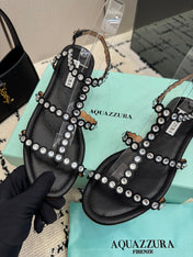 AQUAZZURA 26S FLAT SANDALS IN BLACK LAMBSKIN CRYSTAL-EMBELLISHED