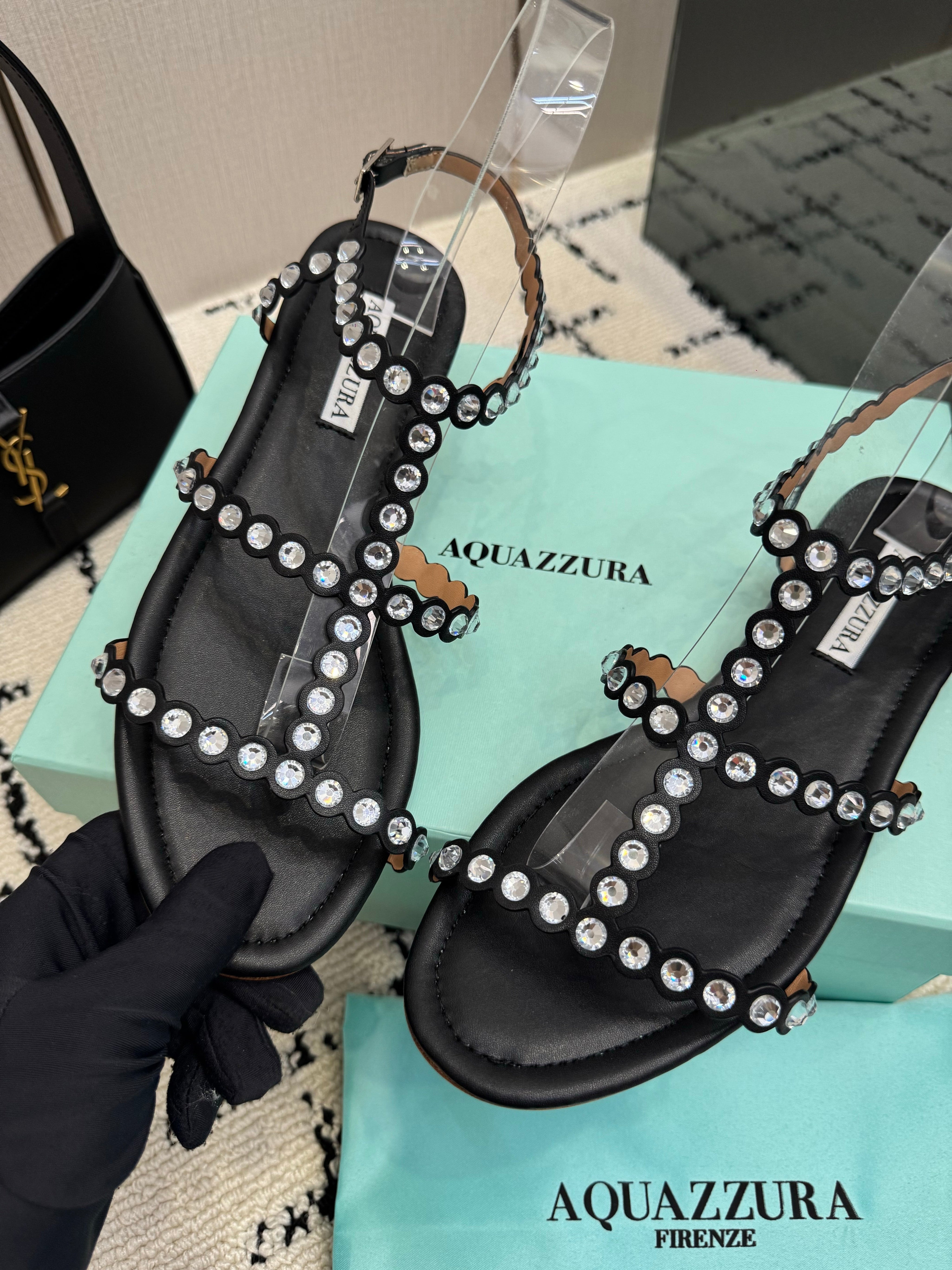 AQUAZZURA 26S FLAT SANDALS IN BLACK LAMBSKIN CRYSTAL-EMBELLISHED