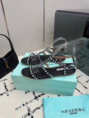 AQUAZZURA 26S FLAT SANDALS IN BLACK LAMBSKIN CRYSTAL-EMBELLISHED