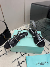 AQUAZZURA 26S FLAT SANDALS IN BLACK LAMBSKIN CRYSTAL-EMBELLISHED