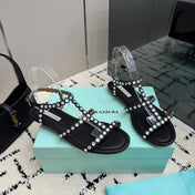 AQUAZZURA 26S FLAT SANDALS IN BLACK LAMBSKIN CRYSTAL-EMBELLISHED