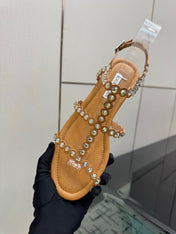 AQUAZZURA 26S FLAT SANDALS IN BROWN LAMBSKIN CRYSTAL-EMBELLISHED