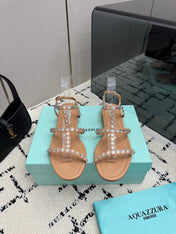 AQUAZZURA 26S FLAT SANDALS IN NUDE LAMBSKIN CRYSTAL-EMBELLISHED