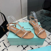 AQUAZZURA 26S FLAT SANDALS IN NUDE LAMBSKIN CRYSTAL-EMBELLISHED