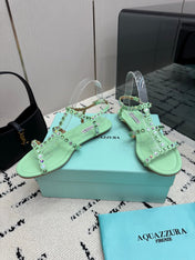 AQUAZZURA 26S FLAT SANDALS IN MINT GREEN LAMBSKIN CRYSTAL-EMBELLISHED