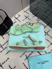 AQUAZZURA 26S FLAT SANDALS IN MINT GREEN LAMBSKIN CRYSTAL-EMBELLISHED