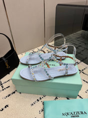 AQUAZZURA 26S FLAT SANDALS IN PASTEL BLUE LAMBSKIN CRYSTAL-EMBELLISHED