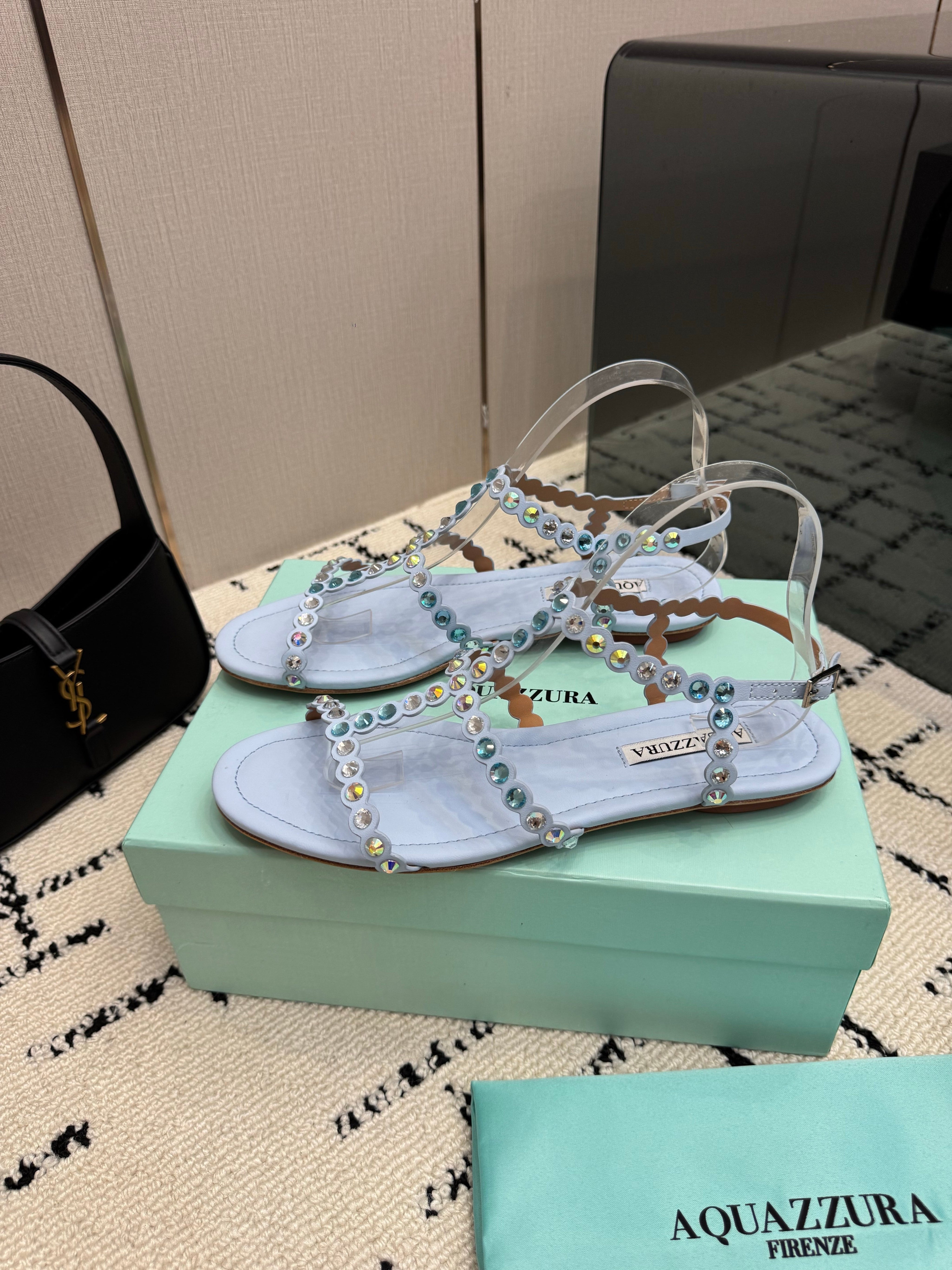 AQUAZZURA 26S FLAT SANDALS IN PASTEL BLUE LAMBSKIN CRYSTAL-EMBELLISHED