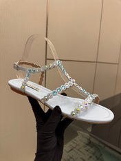 AQUAZZURA 26S FLAT SANDALS IN PASTEL BLUE LAMBSKIN CRYSTAL-EMBELLISHED
