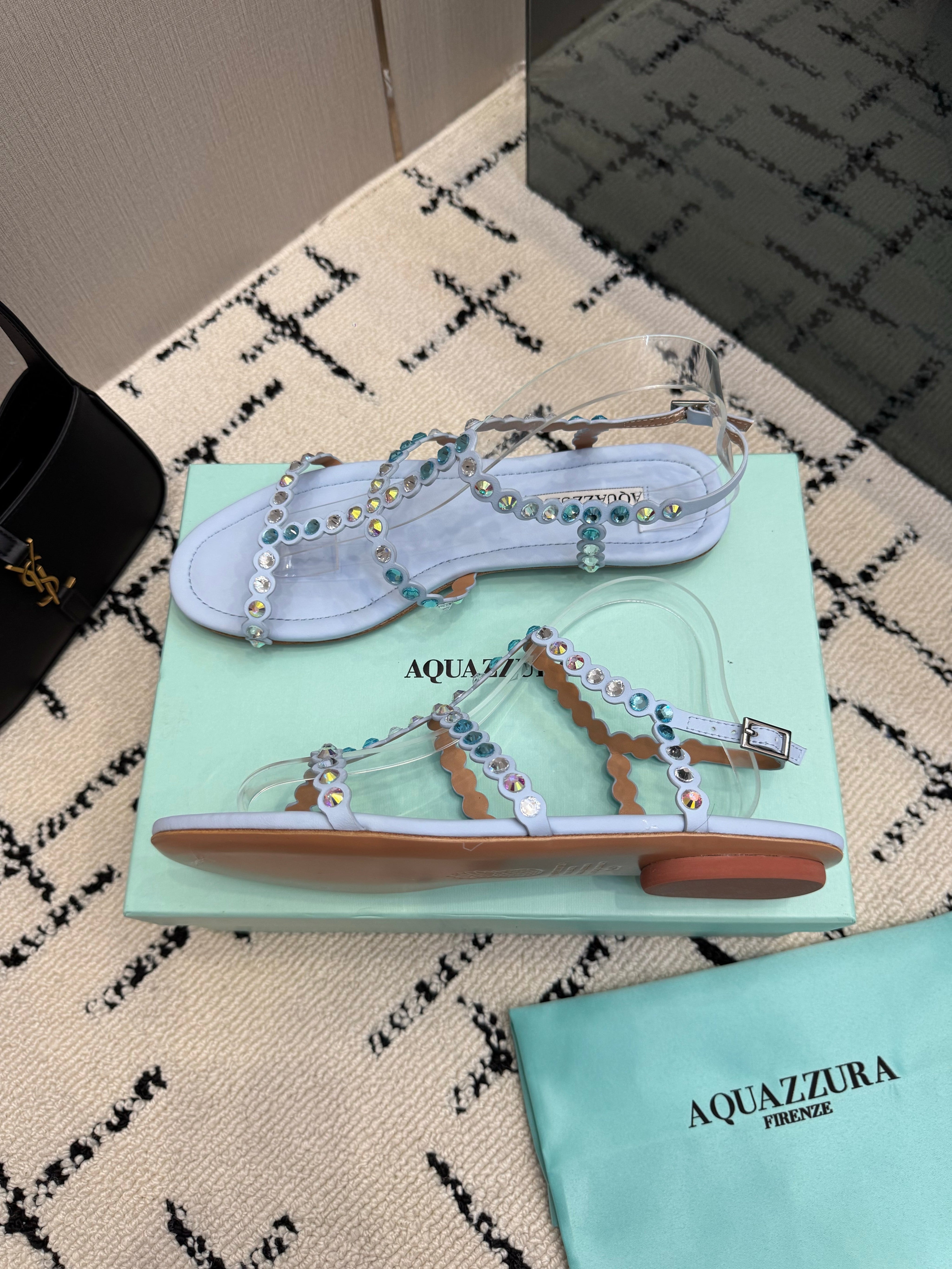 AQUAZZURA 26S FLAT SANDALS IN PASTEL BLUE LAMBSKIN CRYSTAL-EMBELLISHED