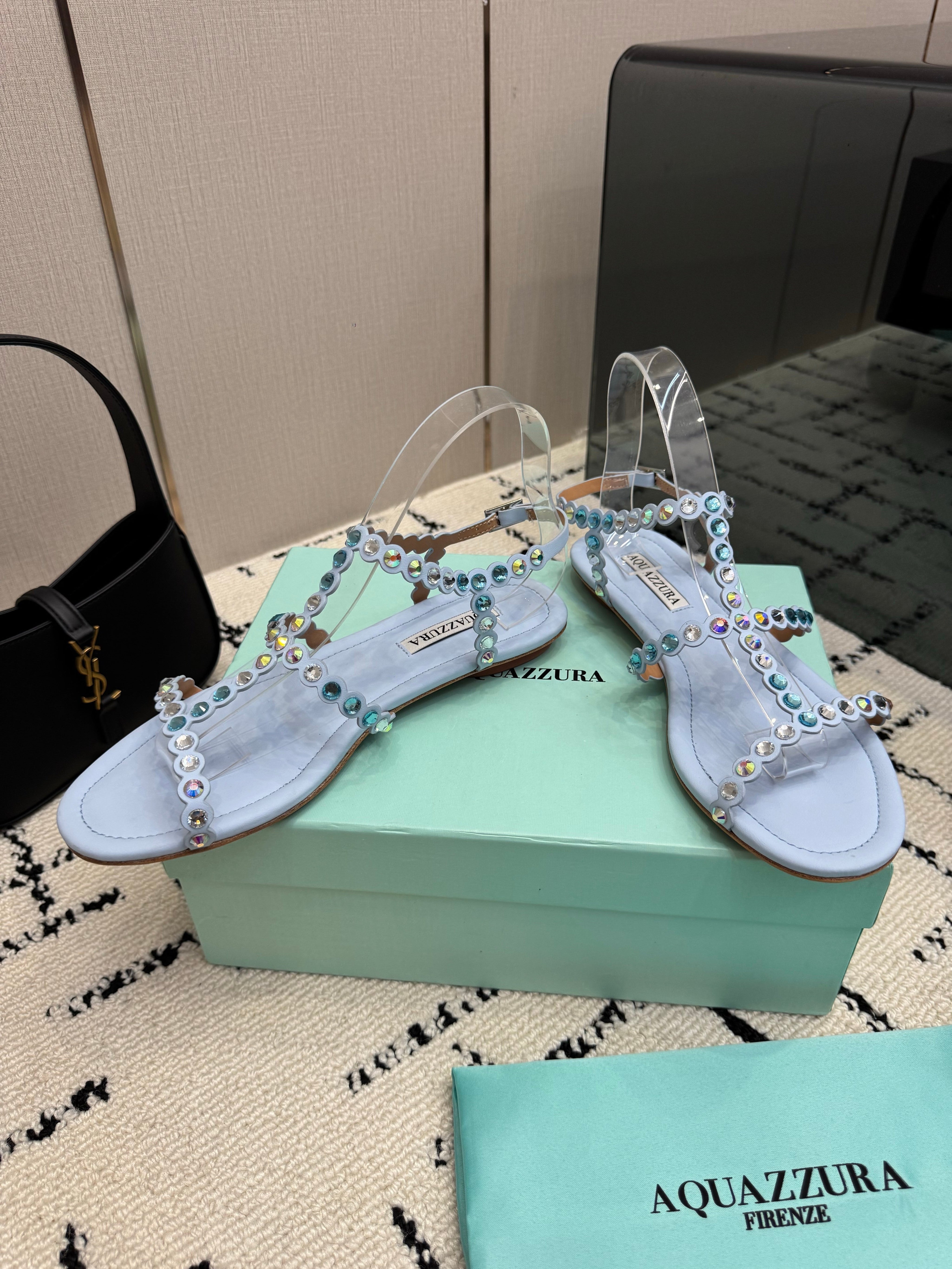 AQUAZZURA 26S FLAT SANDALS IN PASTEL BLUE LAMBSKIN CRYSTAL-EMBELLISHED