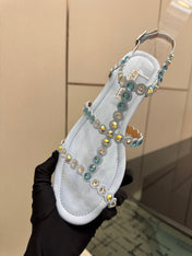 AQUAZZURA 26S FLAT SANDALS IN PASTEL BLUE LAMBSKIN CRYSTAL-EMBELLISHED