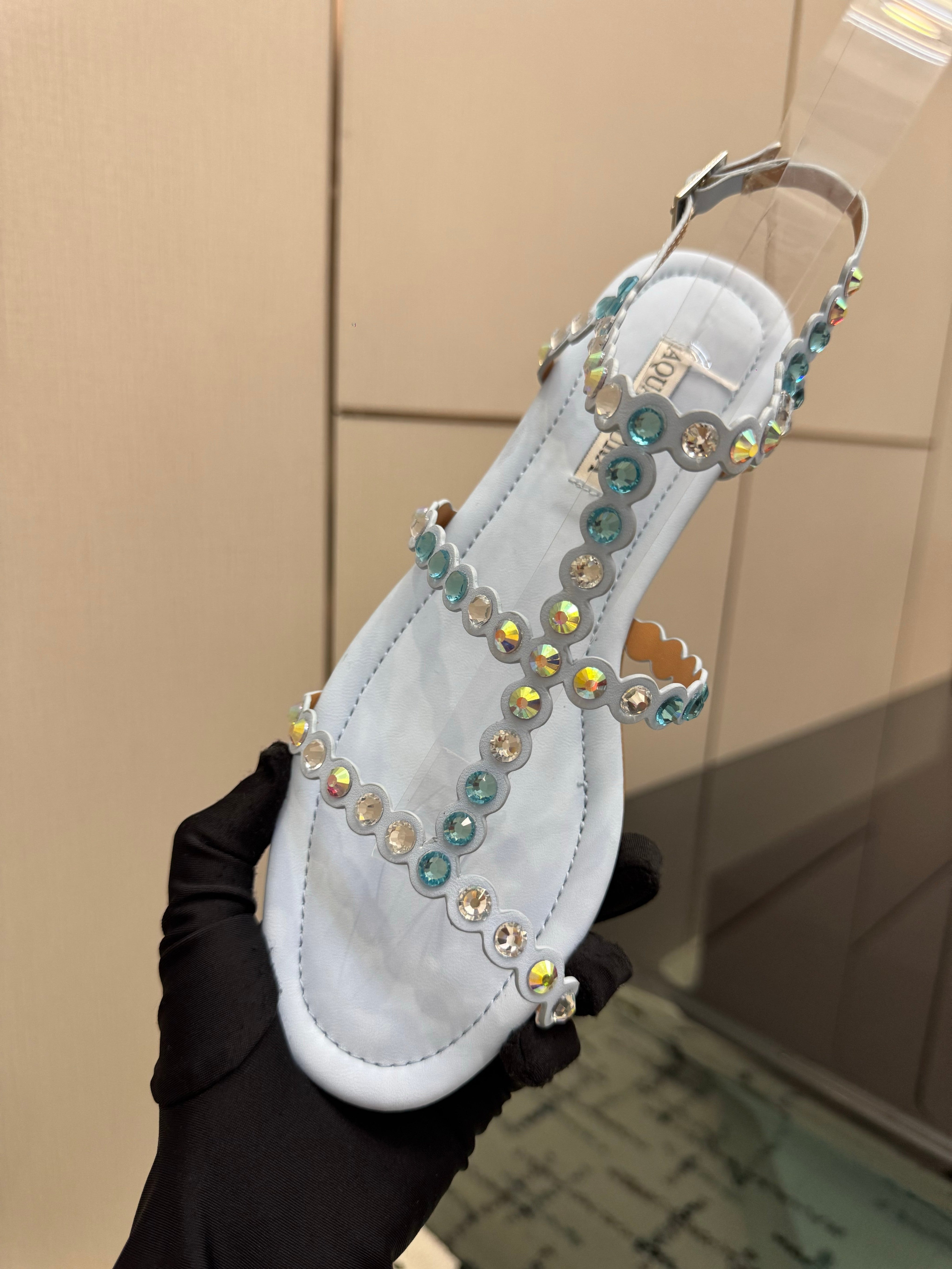 AQUAZZURA 26S FLAT SANDALS IN PASTEL BLUE LAMBSKIN CRYSTAL-EMBELLISHED