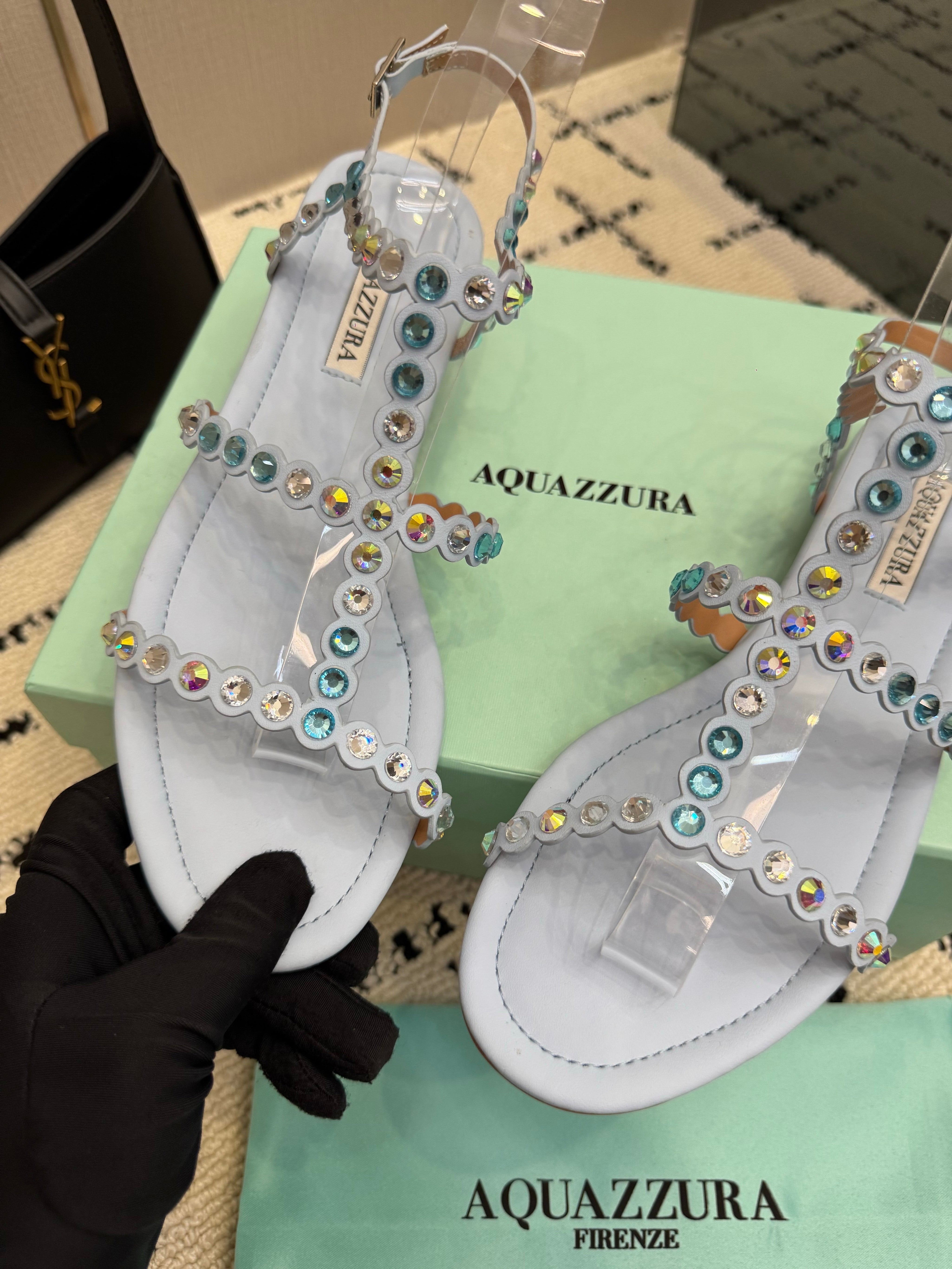 AQUAZZURA 26S FLAT SANDALS IN PASTEL BLUE LAMBSKIN CRYSTAL-EMBELLISHED