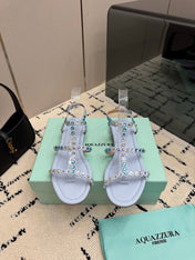 AQUAZZURA 26S FLAT SANDALS IN PASTEL BLUE LAMBSKIN CRYSTAL-EMBELLISHED