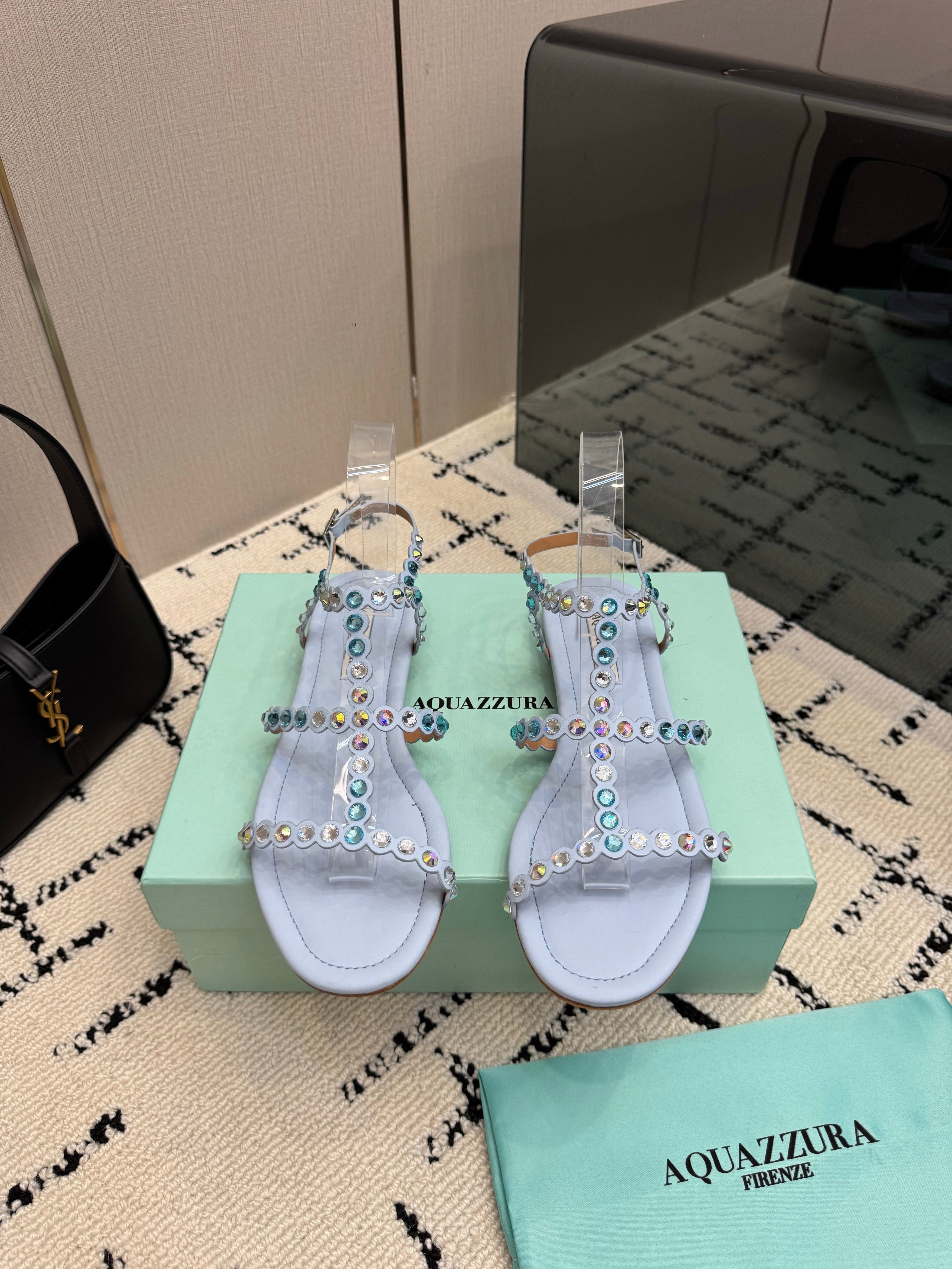 AQUAZZURA 26S FLAT SANDALS IN PASTEL BLUE LAMBSKIN CRYSTAL-EMBELLISHED