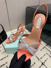 AQUAZZURA 26S HEEL SANDALS 80 MM IN ORANGE SATIN CRYSTAL STONES