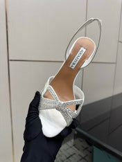 AQUAZZURA 26S HEEL SANDALS 80 MM IN CREAM WHITE SATIN CRYSTAL STONES