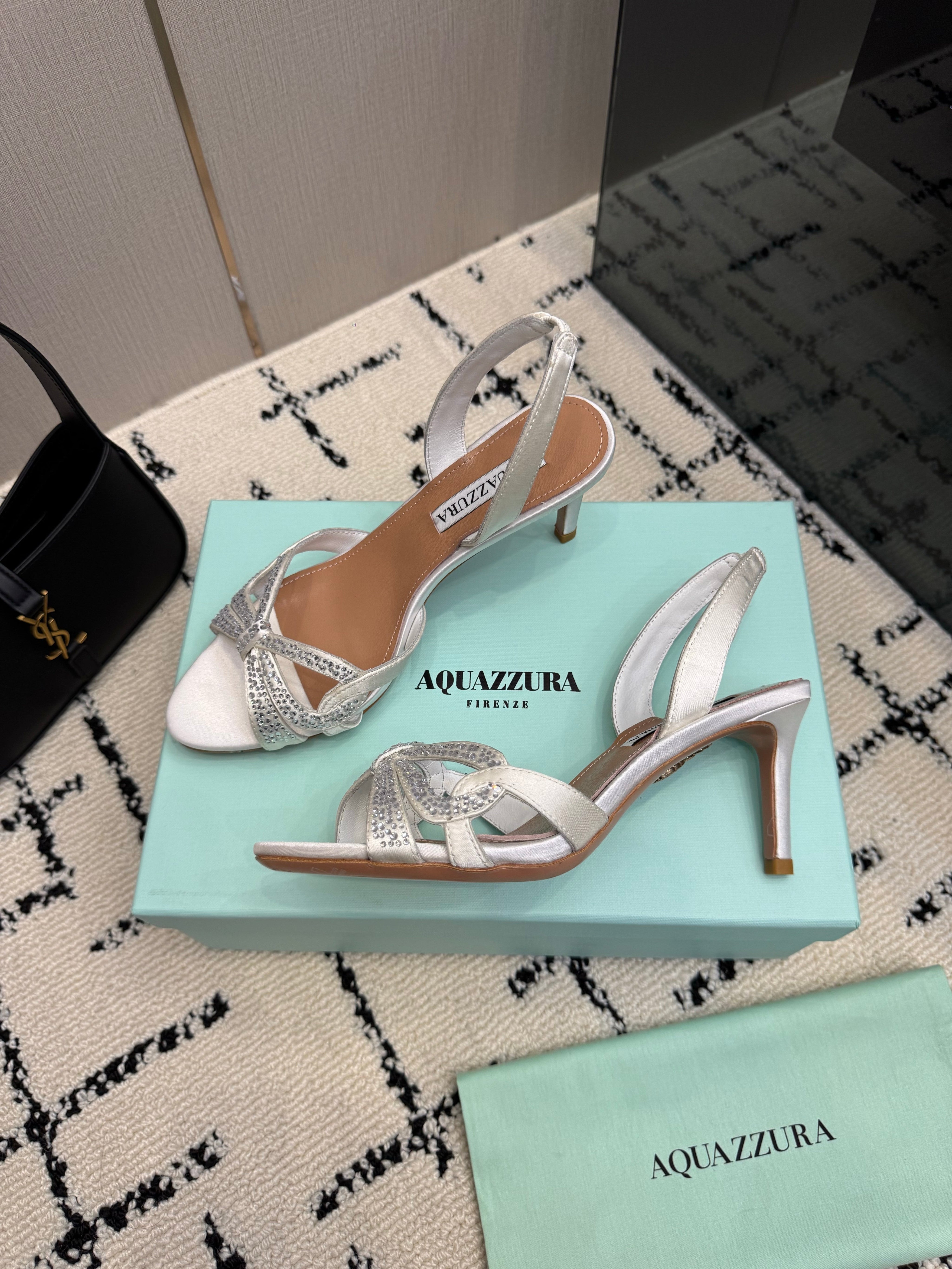 AQUAZZURA 26S HEEL SANDALS 80 MM IN CREAM WHITE SATIN CRYSTAL STONES