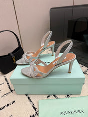 AQUAZZURA 26S HEEL SANDALS 80 MM IN SILVER CALFSKIN CRYSTAL STONES