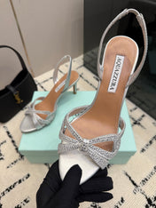 AQUAZZURA 26S HEEL SANDALS 80 MM IN SILVER CALFSKIN CRYSTAL STONES