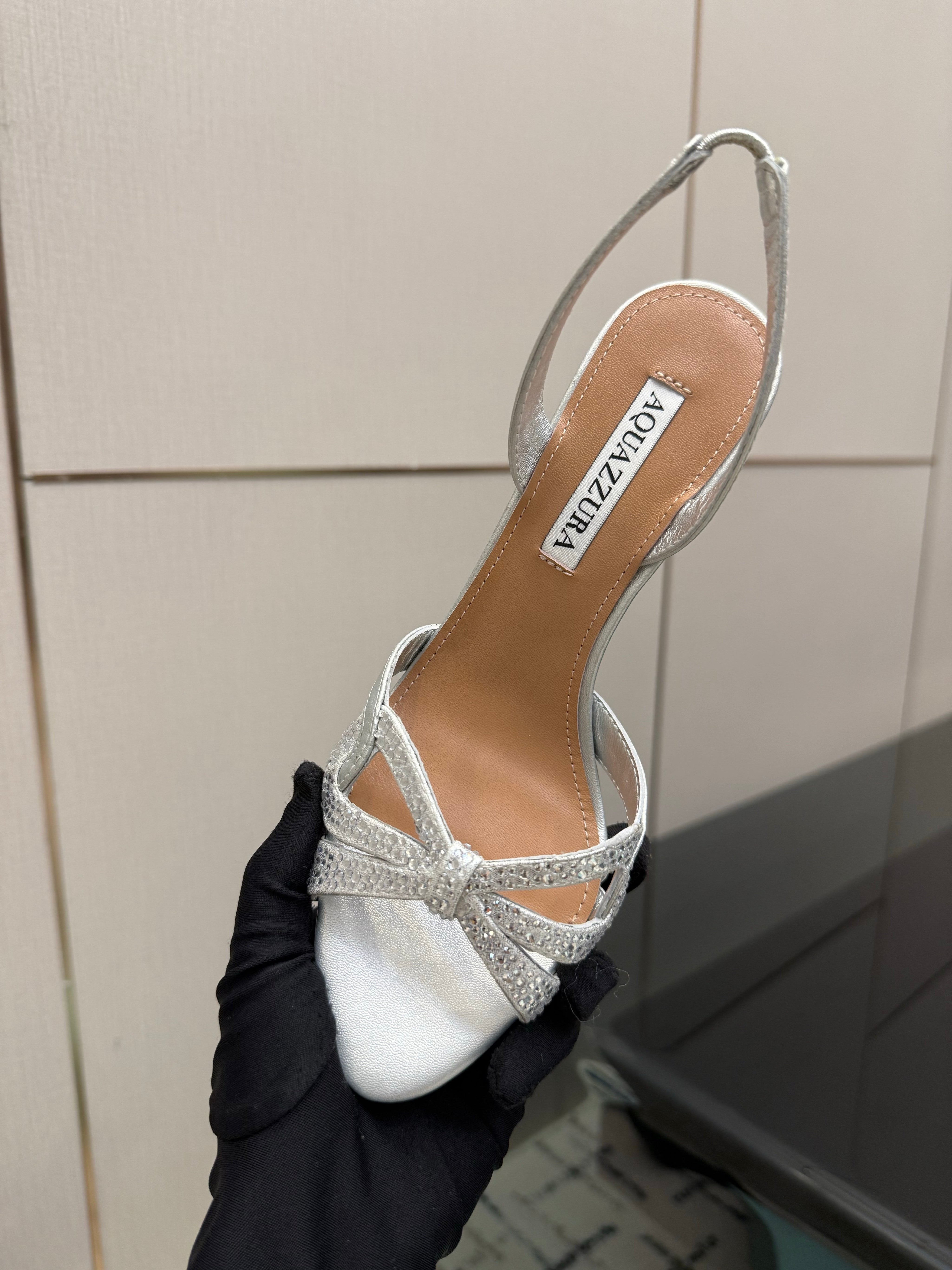 AQUAZZURA 26S HEEL SANDALS 80 MM IN SILVER CALFSKIN CRYSTAL STONES